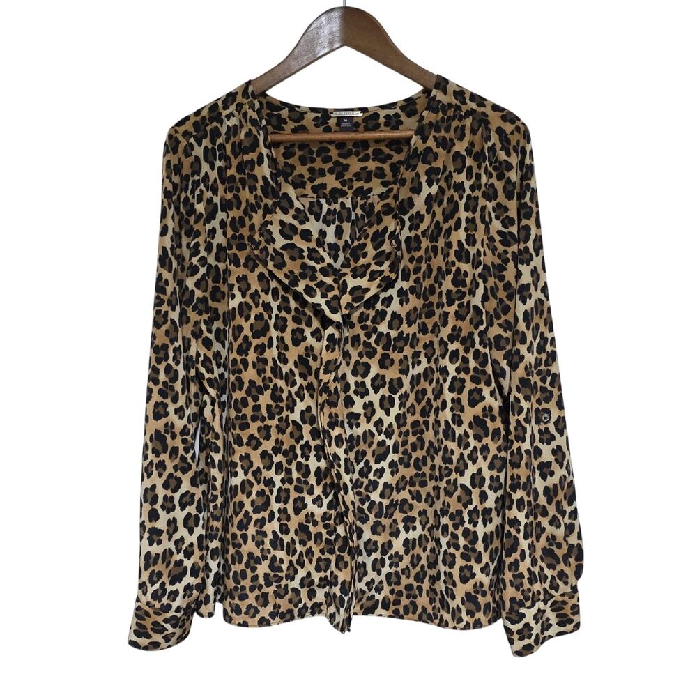 Dana Buchman Women Sz 16 Leopard Print Blouse in Tan/Black Roll-tab Sleeve
